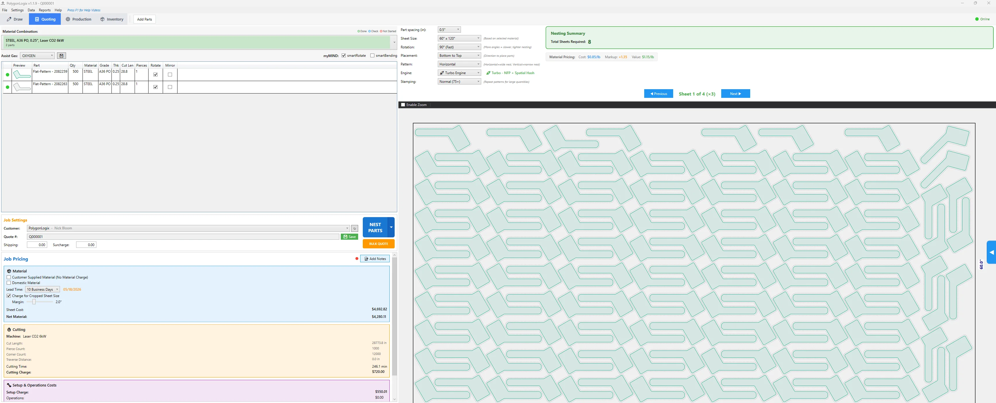 PolygonLogix nesting software showing 500 steel parts densely packed across 8 sheets using NFP pattern stamping with full cost breakdown